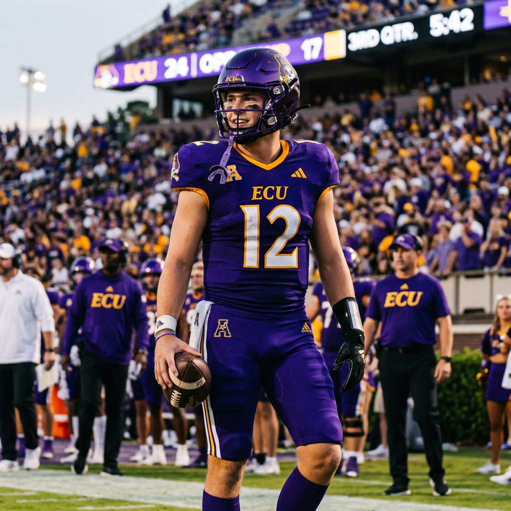 ECU quarterback wearing number 12 in purple uniform holding a football on the field