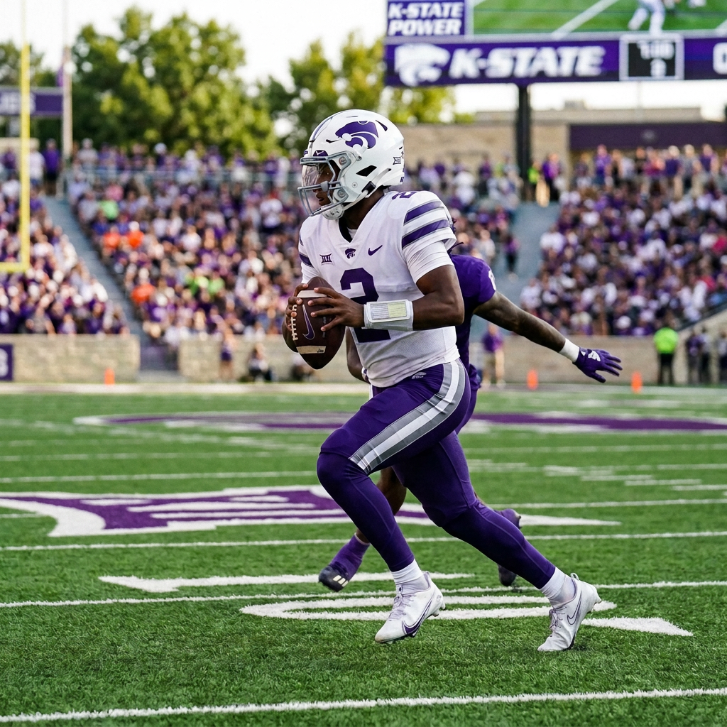 Kansas State quarterback number 12 running with football on field